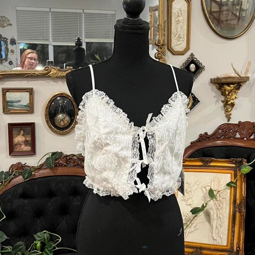 Vintage lingerie Loves Delight white lace bow tie top with cute ruffles.